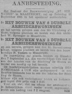 Krantenartikel uit 1915 over een aanbesteding van arbeiderswoningen