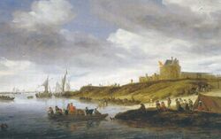 Abeelding van een schilderij met het Genneperhuis op de achtergrond 'Veerboot op de Maas' uit 1647 van Salomon van Ruysdael (1600-1670) (part. Collectie)